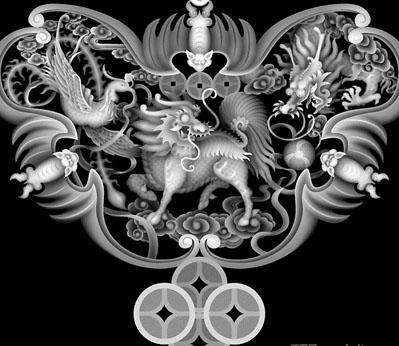 在这个浮雕作品涉及图中有麒麟、凤凰、龙、蝙蝠、祥云等。